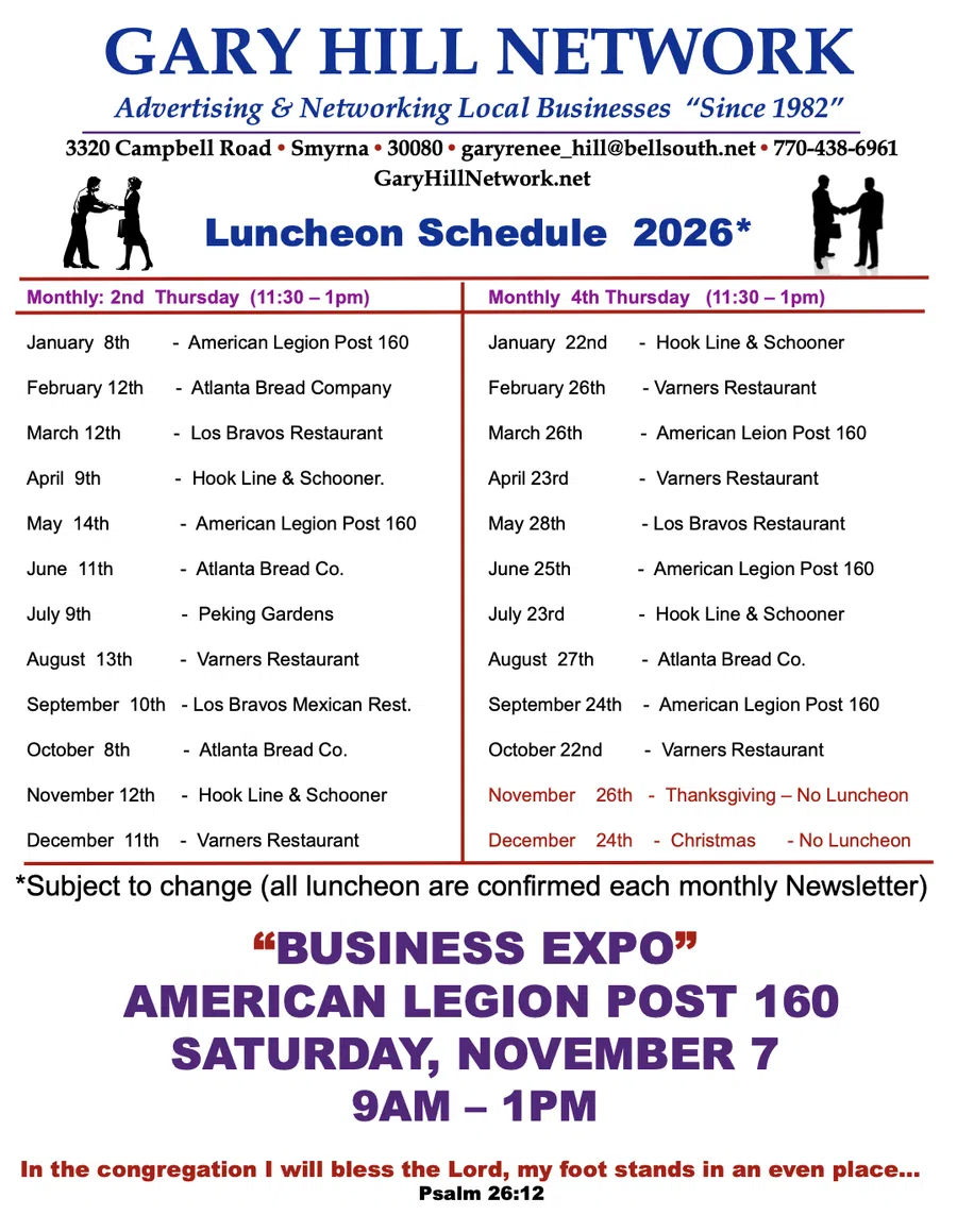 Gary Hill Network 2026 luncheon schedule and business expo details with locations and dates in Smyrna.