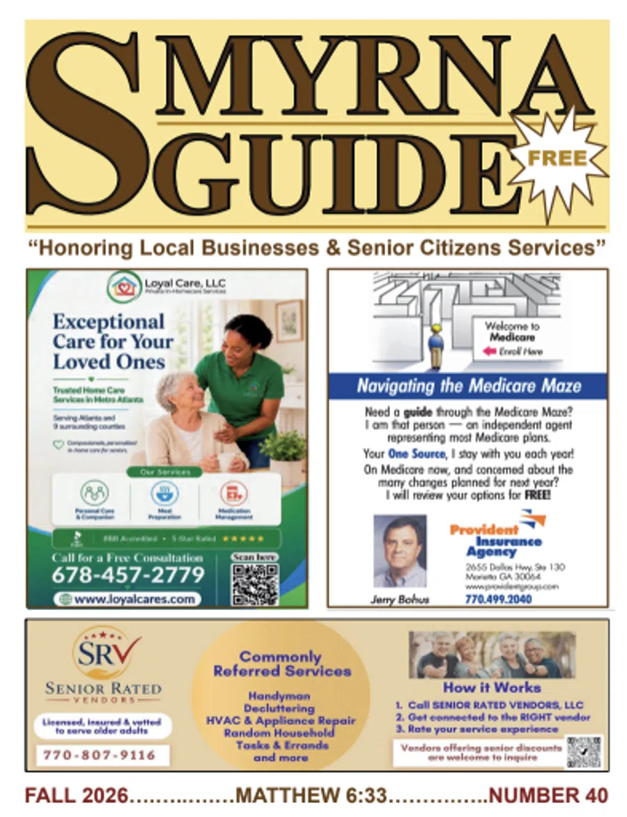 Smyrna Guide cover highlighting local senior care services, Medicare navigation, and senior-rated vendor options for fall 2026.
