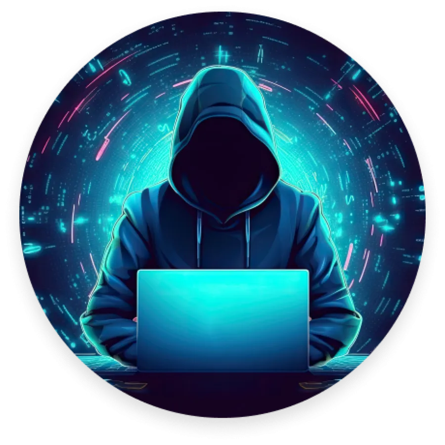 A hooded figure sits at a glowing laptop, surrounded by digital data visualizations.