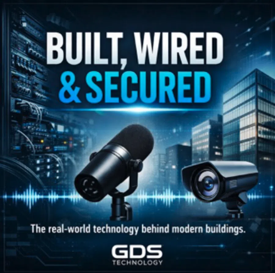 Microphone and security camera with cityscape background and text Built, Wired & Secured technology message.