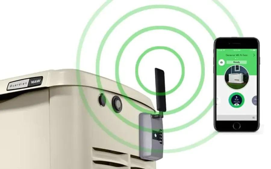 Smart home generator with Wi-Fi connectivity and mobile app interface for remote monitoring and control.