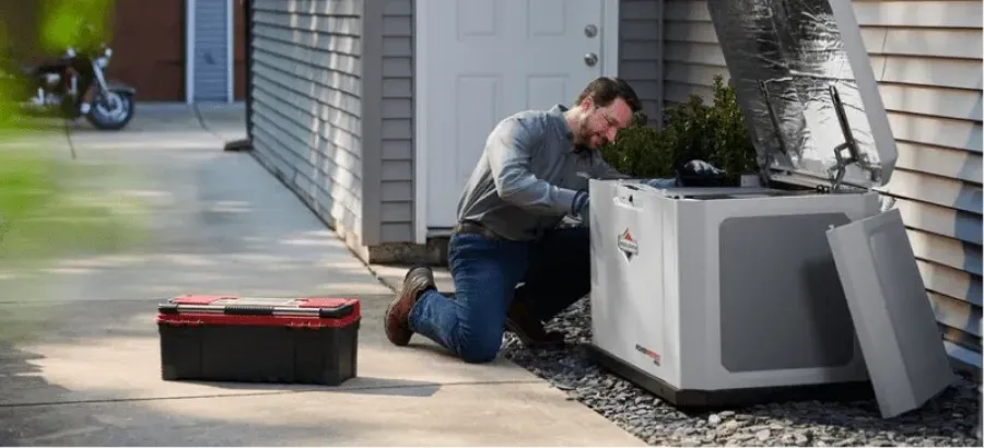 Man performing maintenance on a generator outside a house, tools nearby on the ground.