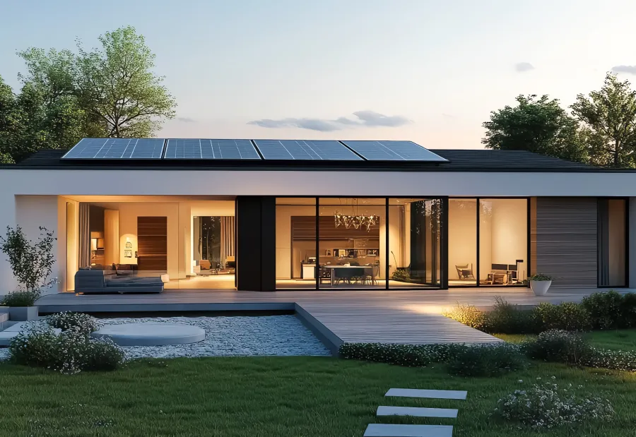 Modern eco-friendly home with solar panels, expansive glass windows, and landscaped garden at sunset.