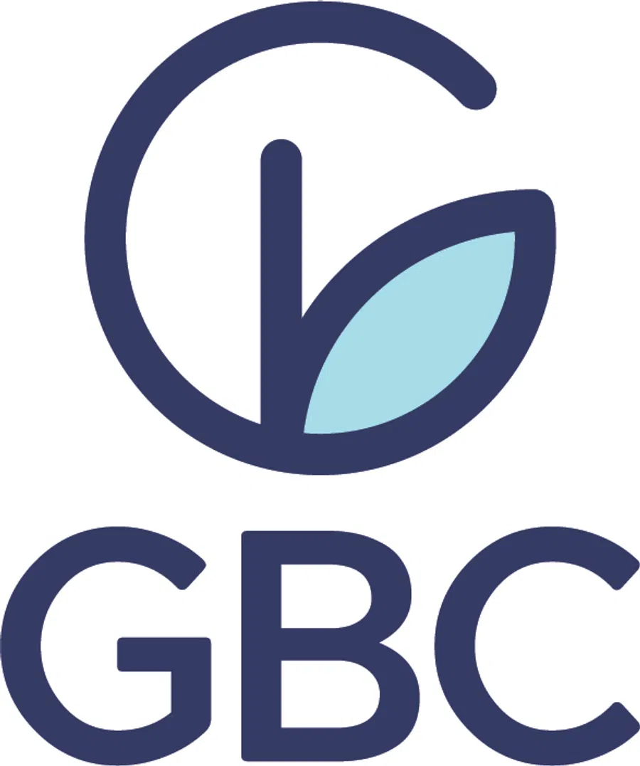 Blue and light blue GBC logo featuring a stylized G with a leaf inside and text below.