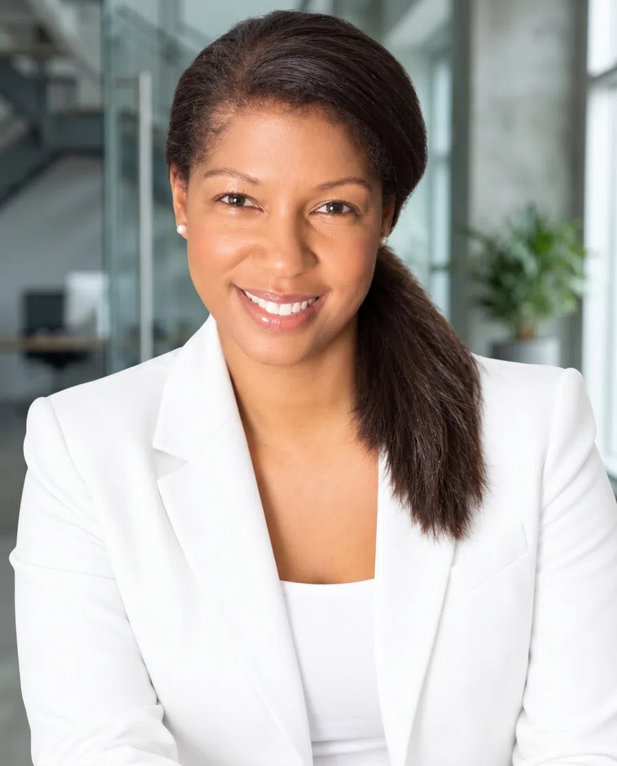 Confident professional woman in black blazer smiling in a modern office setting with blurred background.