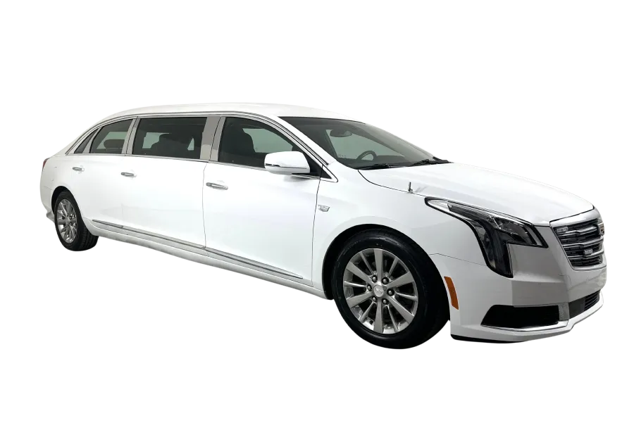 White luxury stretched limousine with sleek design isolated on black background