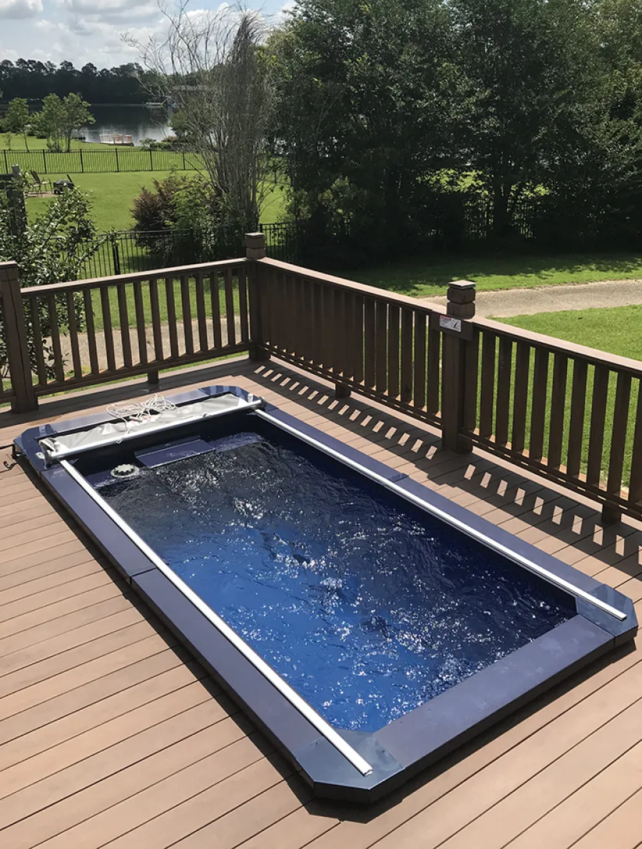 Four adults and a dog enjoying time in a pool on a wooden deck with greenery and plants in the background.
