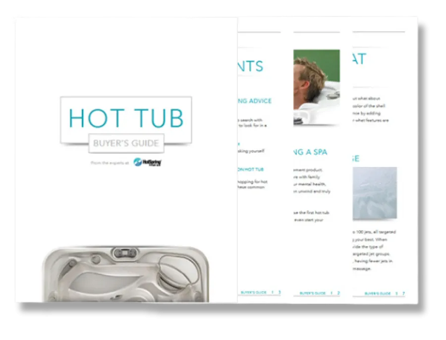 Hot Tub Buyer's Guide brochure with images and tips on choosing the right spa and features.