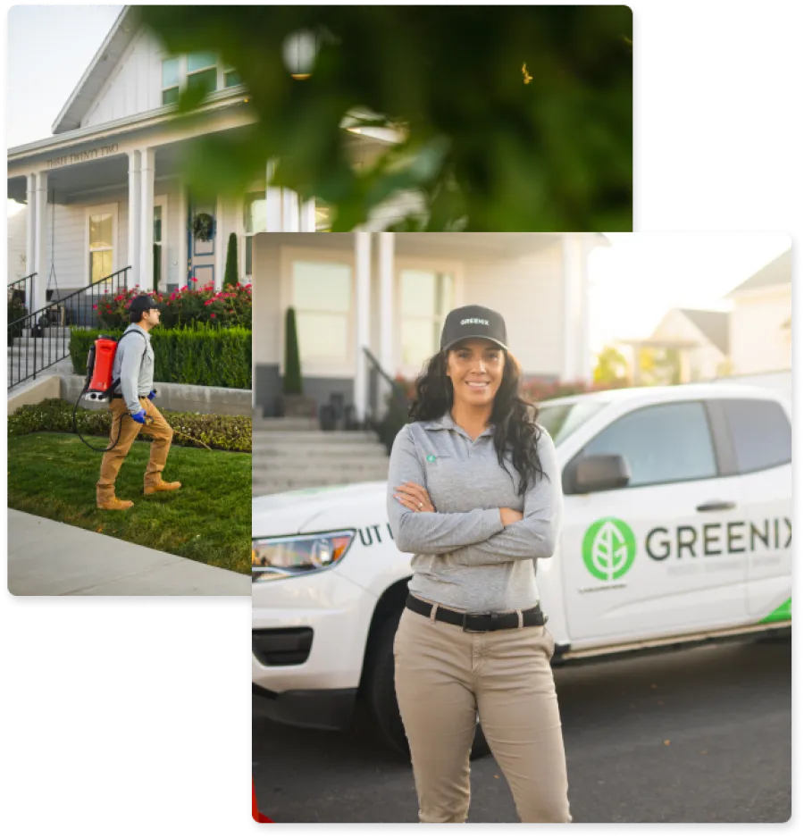 Pest control professional wearing uniform and cap standing in front of GREENIX company vehicle at residential home.