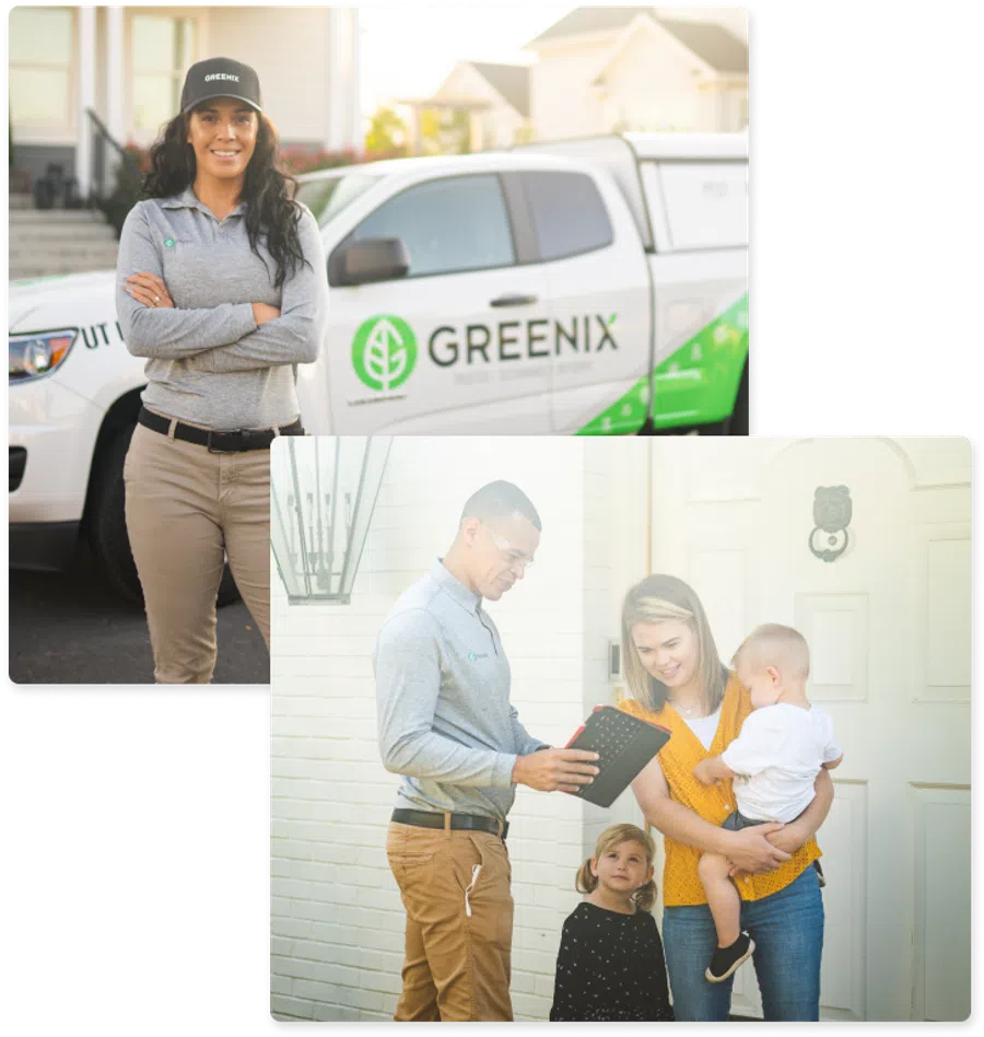 Greenix technician consulting with a family at their front door, with Greenix branded truck in background.