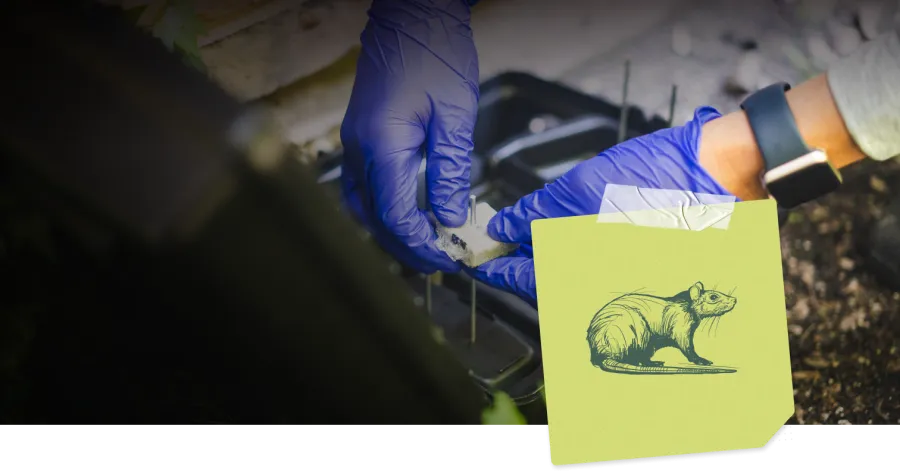 A person with gloved hands setting up a rodent trap in a garden setting.