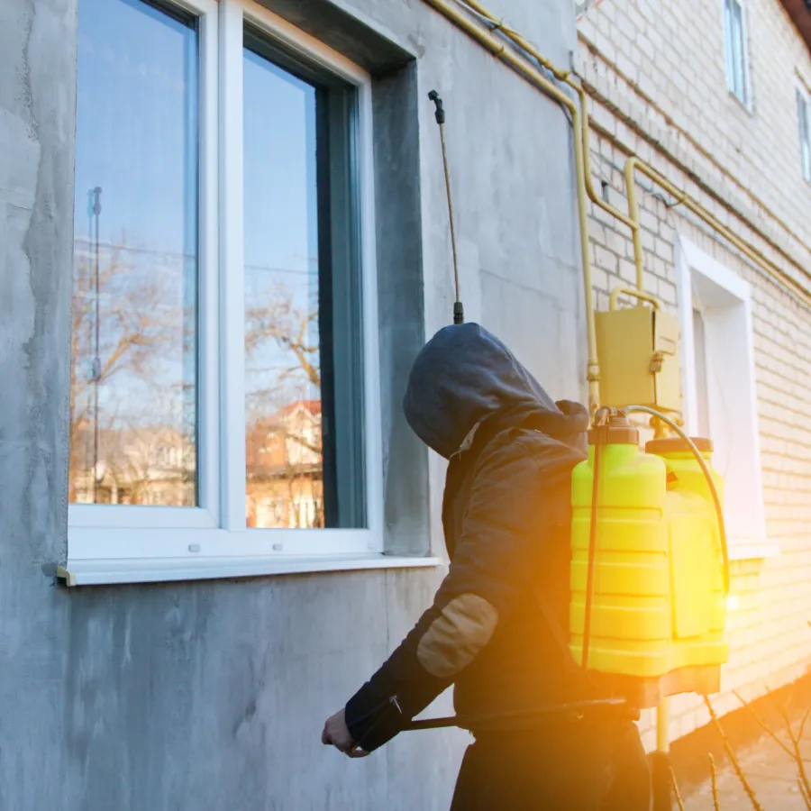 Person in dark clothing using a yellow backpack sprayer to disinfect a building exterior near a window at sunset.