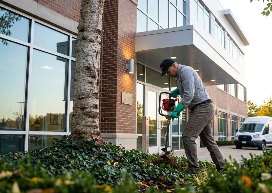 Man using a powered auger to dig soil near a tree outside a modern office building at dusk.