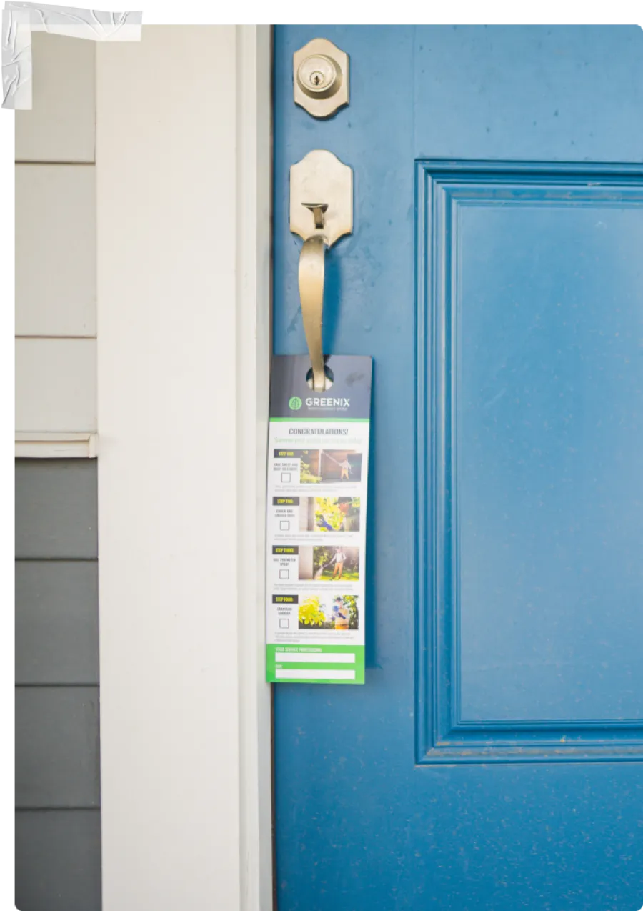 a blue door with a greenix care sheet