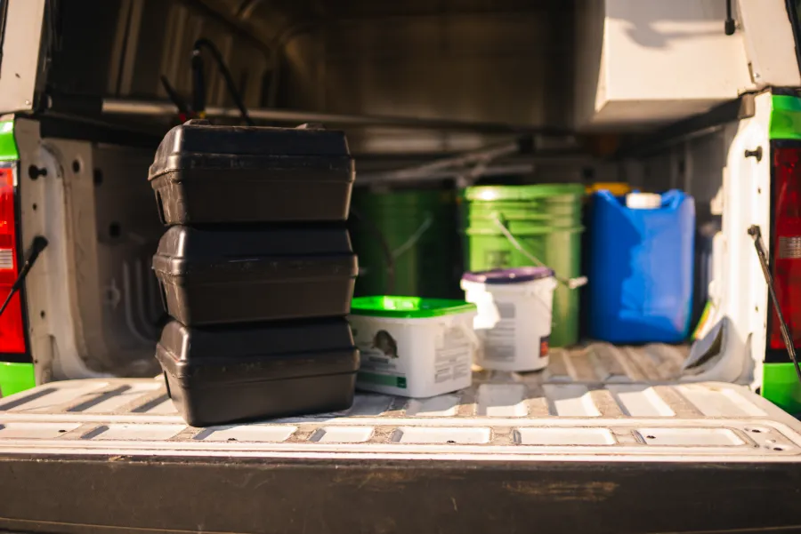 Stacked rodent control boxes and rodent bait in the back of a Greenix truck.