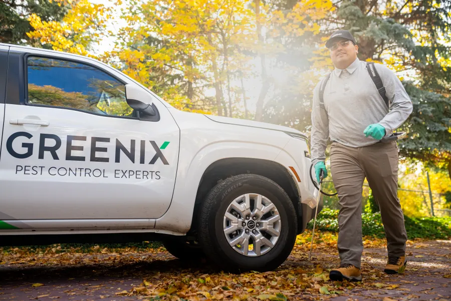 Pest control expert in uniform walking beside Greenix company truck in autumn outdoor setting