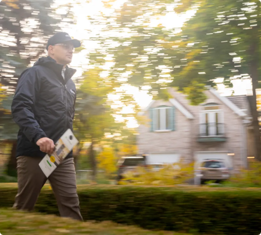 Man in black jacket and cap walking in a suburban neighborhood holding brochures during daytime.