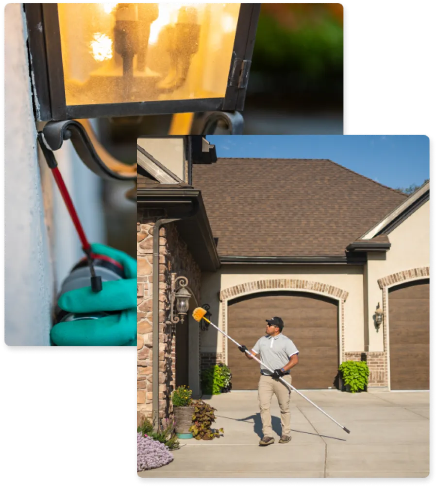 a collage showing an outdoor light and a pest technician