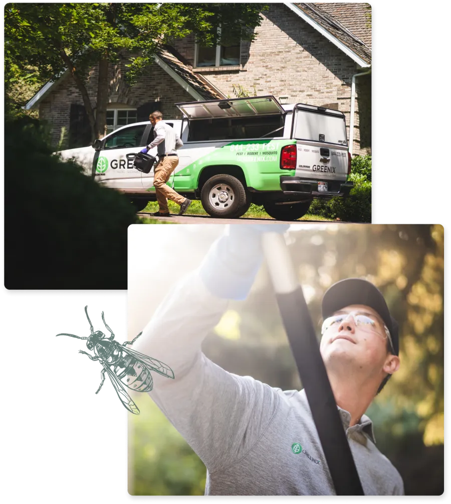 Pest control technician unloading equipment from a Greenix truck near a residential home.