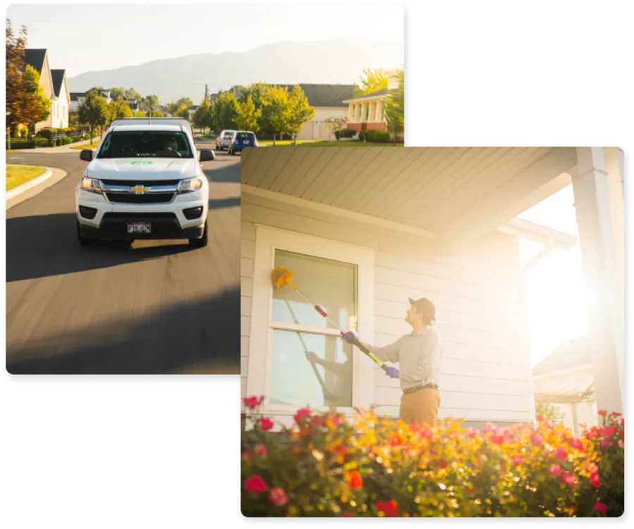 Delivery truck driving through neighborhood street and person cleaning house window with duster on sunny day