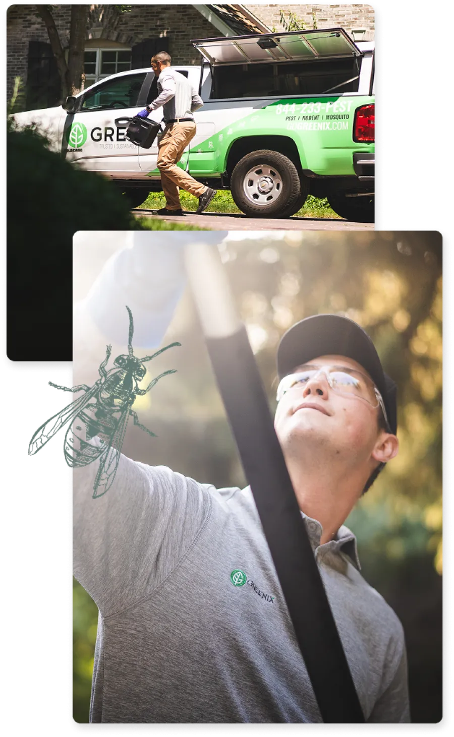 Pest control technician from Greenix prepares equipment by truck for eco-friendly pest, rodent, and mosquito treatment.