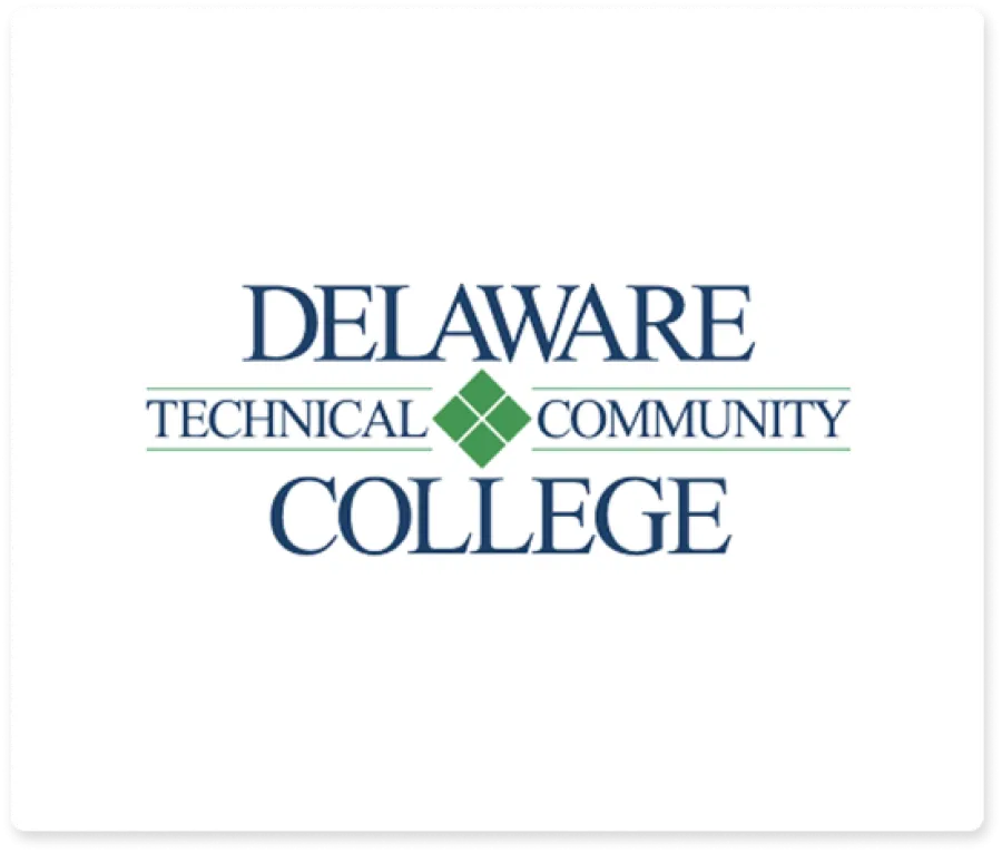 Delaware Technical Community College logo with blue text and green diamond symbol on white background