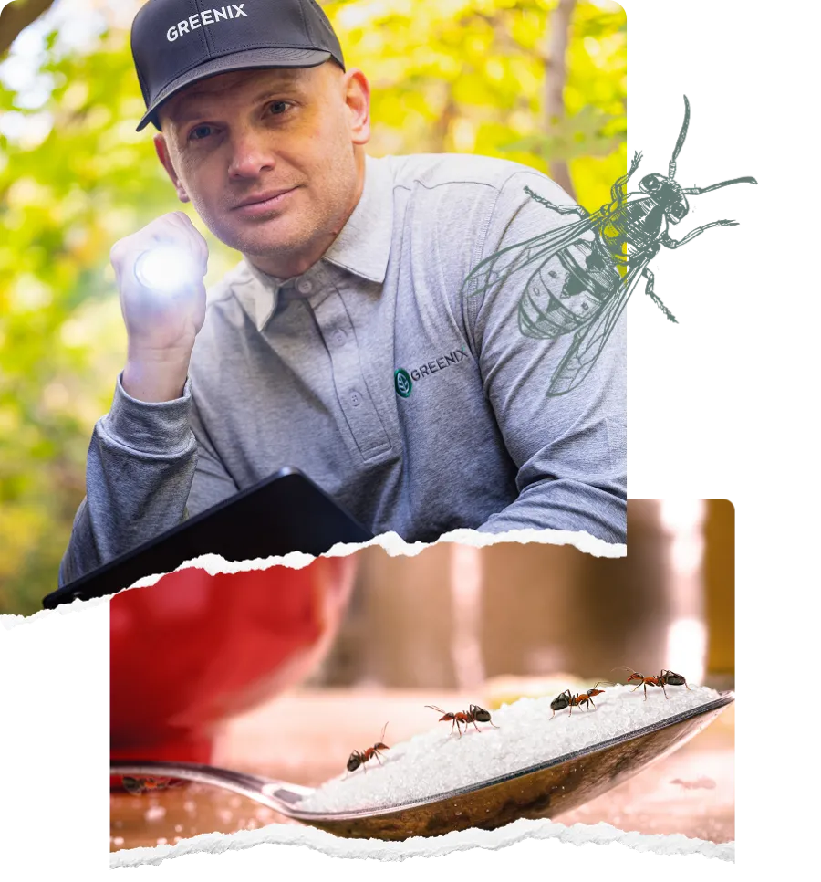 Pest control professional inspecting with flashlight and close-up of ants on a spoonful of sugar.
