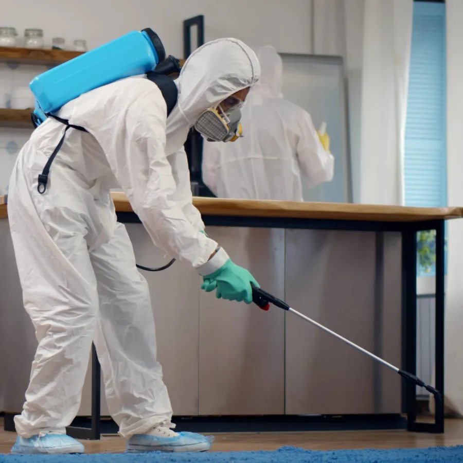 Technicians in protective suits disinfecting a modern kitchen with sprayers and masks for deep cleaning.