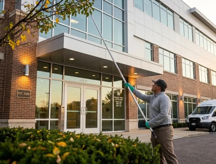Greenix Worker cleaning windows of modern office building exterior during daytime with cleaning van nearby.