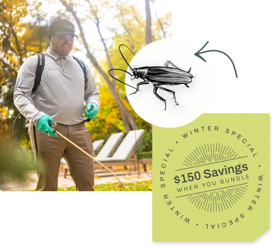 Pest control worker in gloves spraying outdoors with insect sketch and $150 winter special savings offer.
