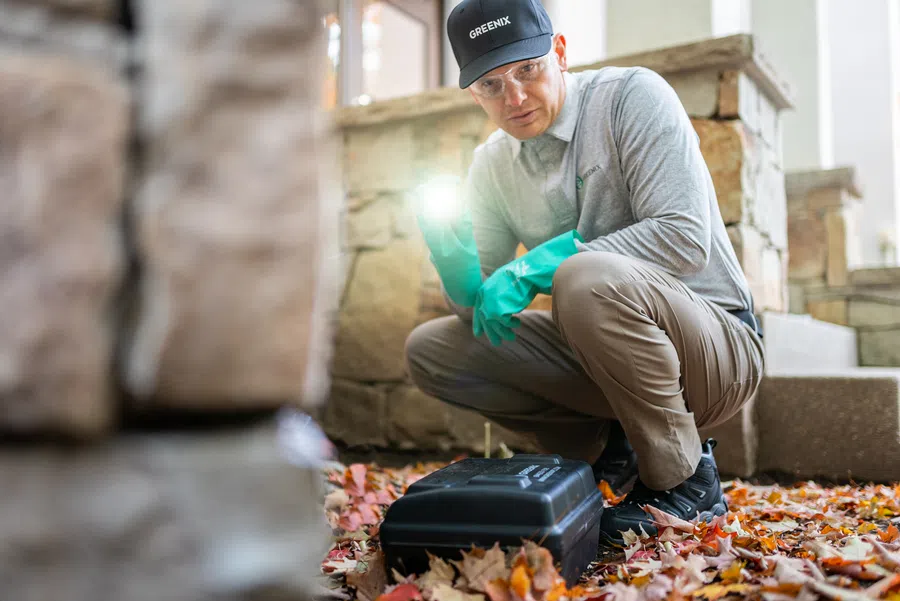 Pest control technician wearing gloves and cap inspecting with flashlight near trap outdoors in autumn leaves.
