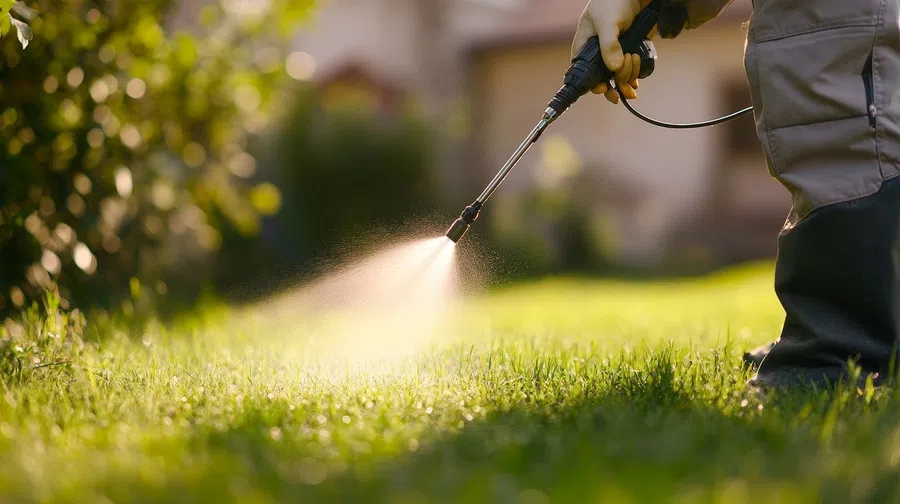 Person spraying pesticide on grass with a handheld sprayer in a garden on a sunny day