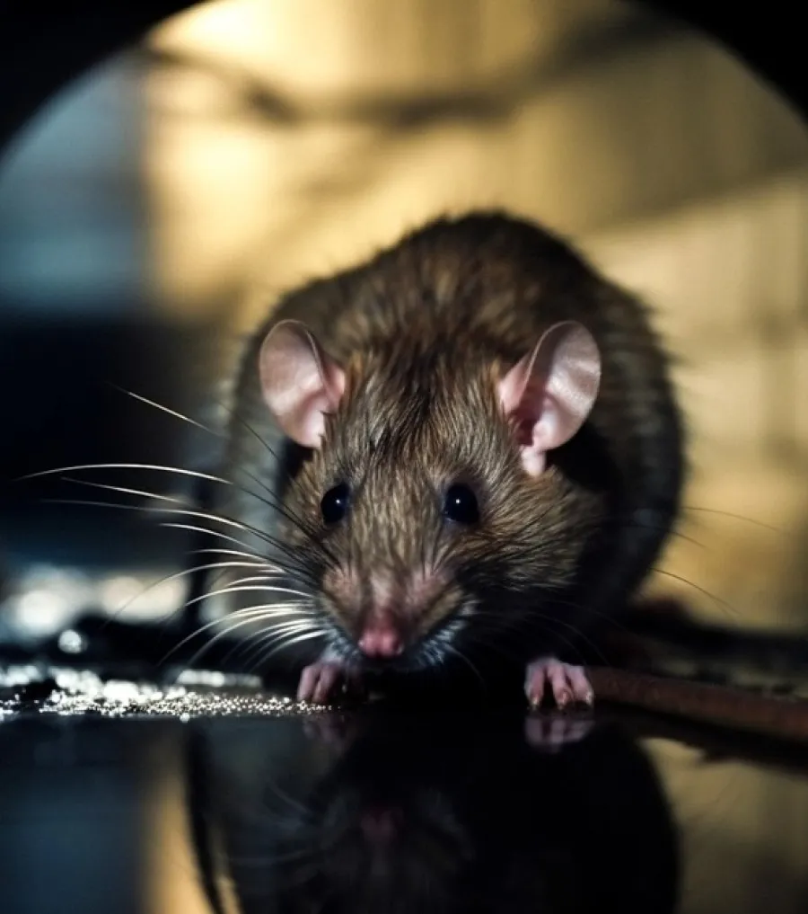 Close-up of a gray rat sniffing a windowsill with a small piece of food nearby on a white surface.