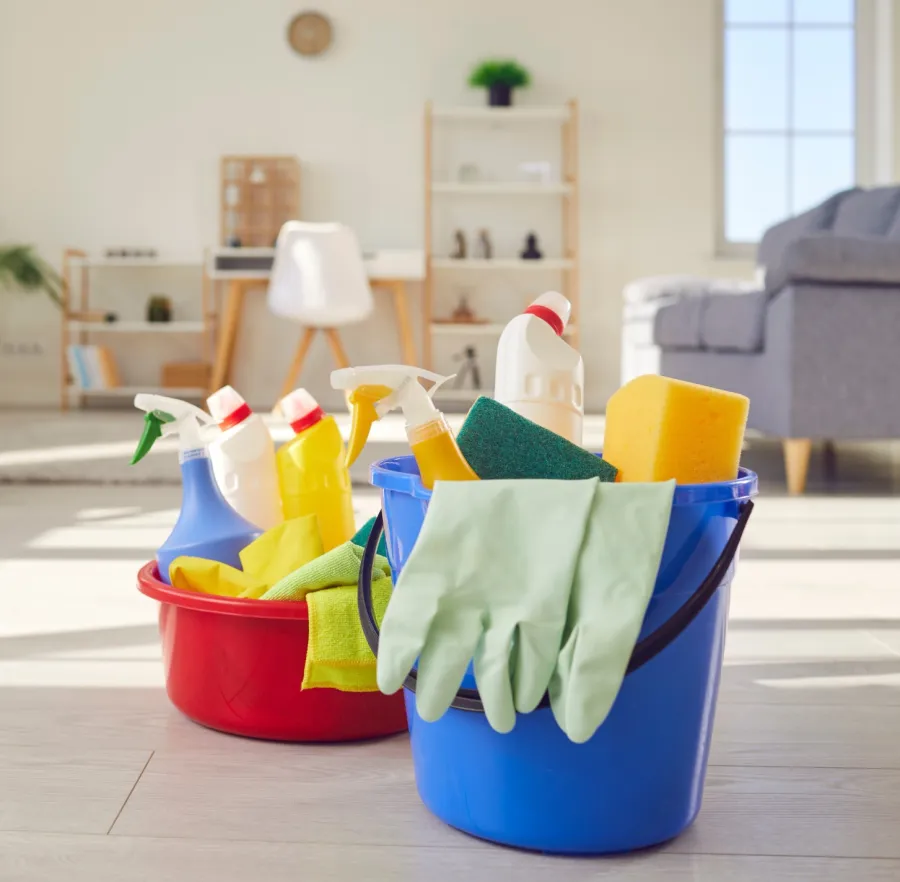 Buckets with cleaning supplies including spray bottles, gloves, sponges, and cloths in a bright living room with a vacuum.