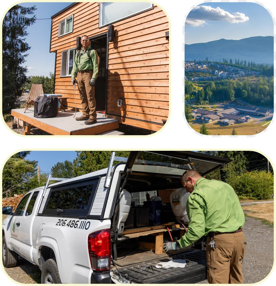 Man in green shirt and brown pants standing on wooden deck near house and working from white truck in sunny outdoor setting