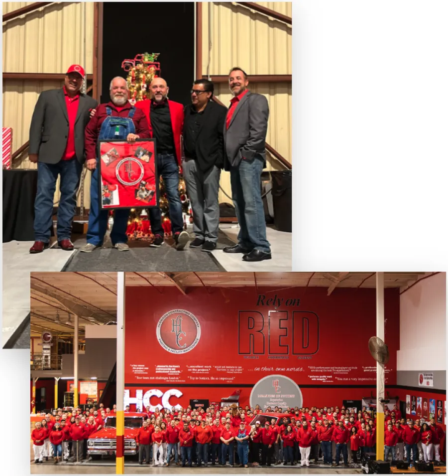 Group photos of employees wearing red at a company event with holiday decorations and a large company logo