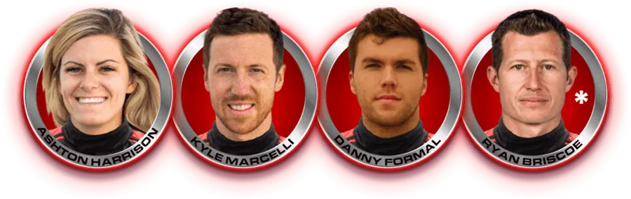 Headshots of four smiling athletes Ashton Harrison, Kyle Marcelli, Danny Formal, and Ryan Briscoe on red backgrounds.