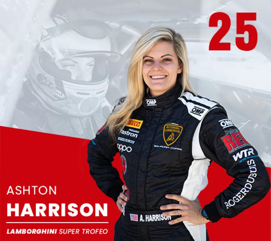 Race car driver Ashton Harrison in Lamborghini Super Trofeo suit with number 25 and sponsor logos.