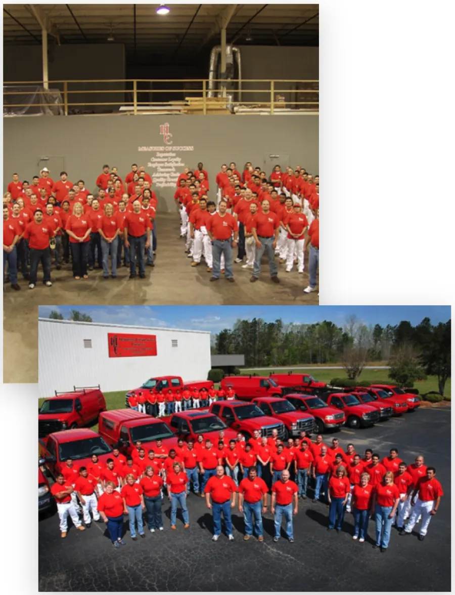 Large groups of employees wearing red shirts posing indoors and outdoors with red company vehicles and building in background.