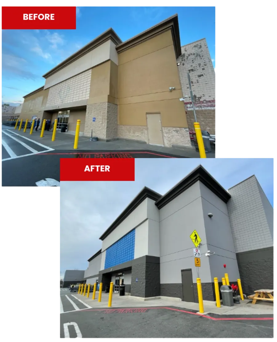 Before and after images of a store exterior showing a beige building updated to gray with blue accents and improved facade.