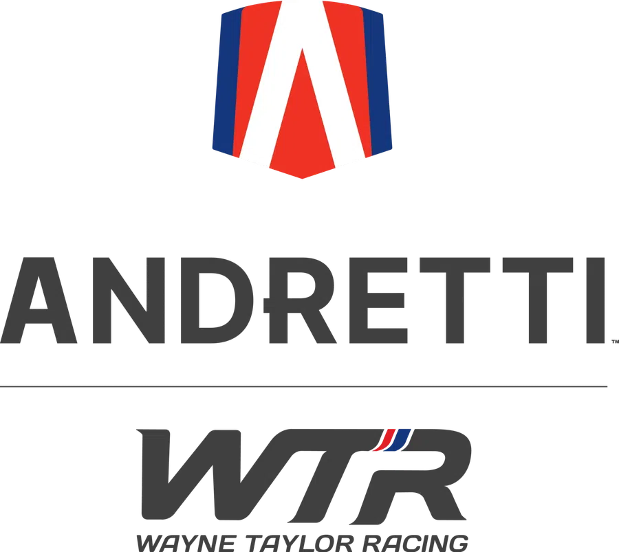 Andretti Wayne Taylor Racing logo with red, white, and blue shield and bold black text on white background