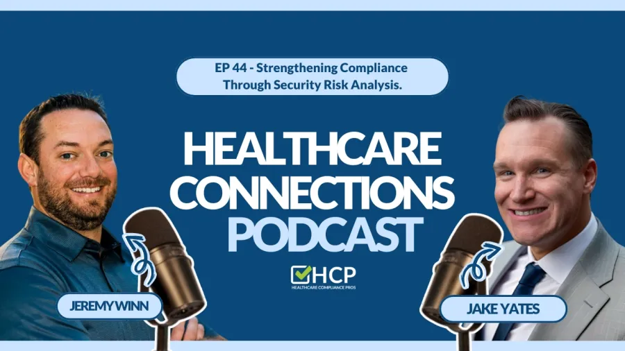 Healthcare Connections Podcast episode 44 featuring Jeremy Winn and Jake Yates discussing security risk analysis for compliance.