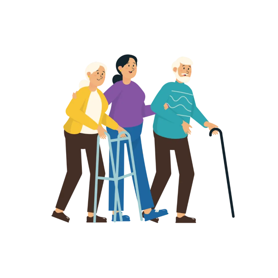 Caregiver assisting elderly man with cane and woman with walker on a walk together.