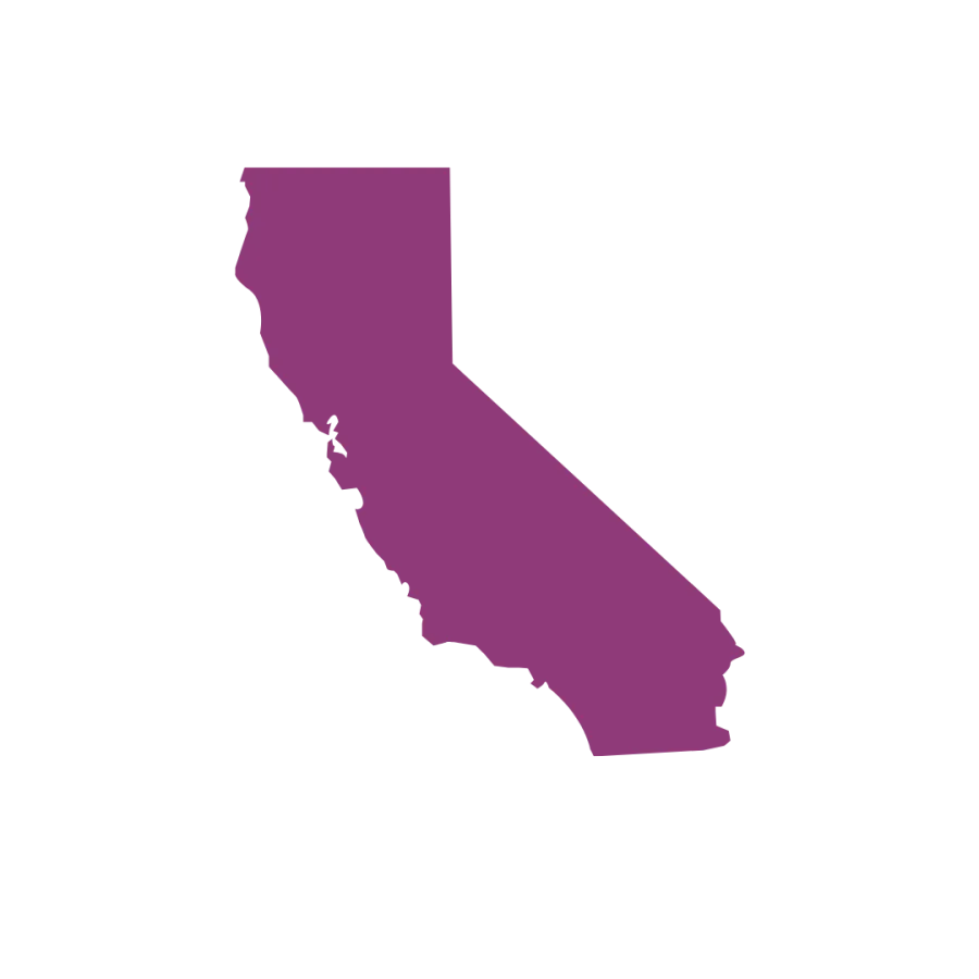 Purple silhouette map of California state with detailed coastline on a black background