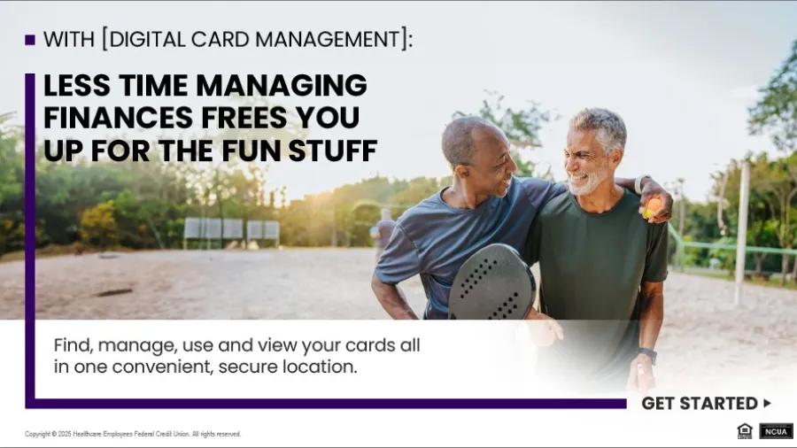 Two men smiling and holding a paddle tennis racket with digital card management financial services text overlay.