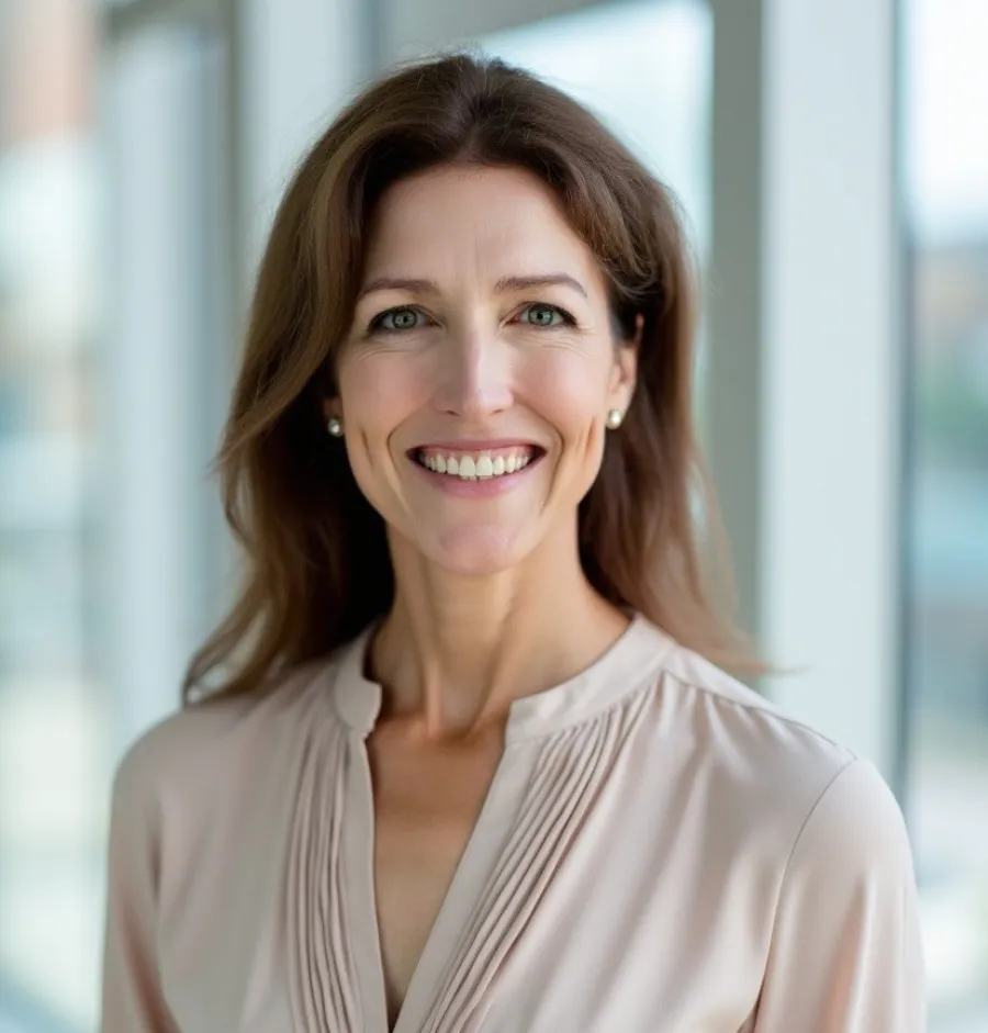 Smiling professional woman with light brown hair wearing a beige blouse, standing near large windows in an office.