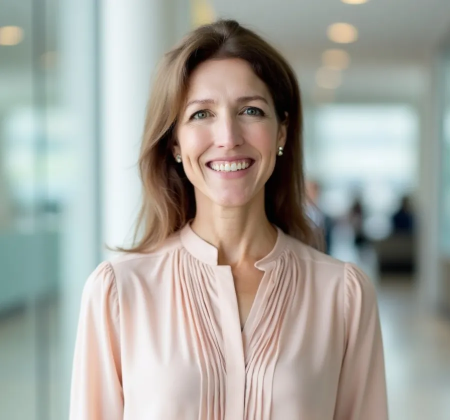 Smiling professional woman with light pink blouse standing in modern office corridor with blurred background.
