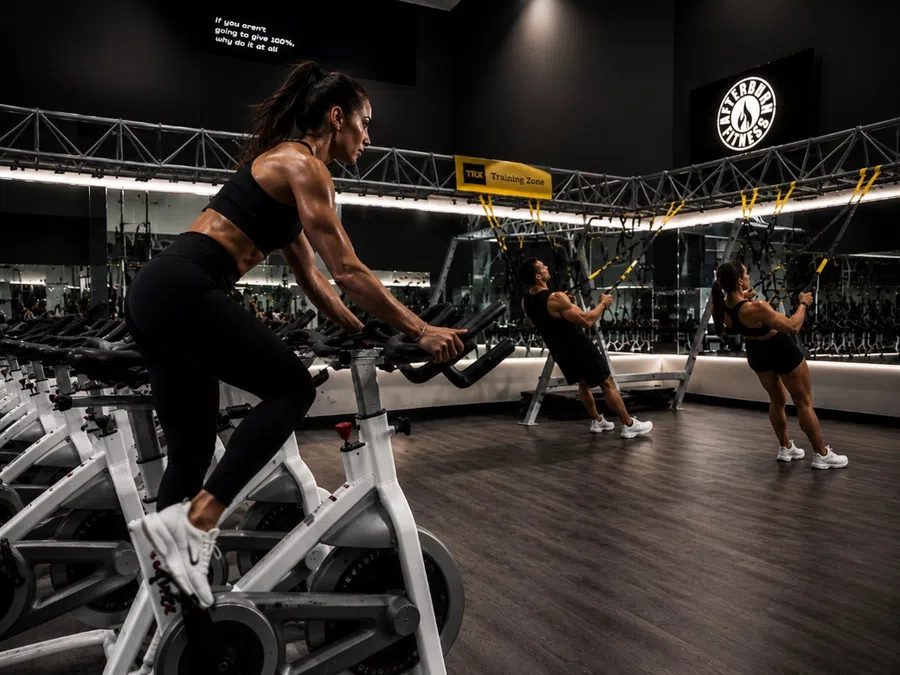 Muscular woman cycling on stationary bike with others doing TRX suspension training in fitness gym