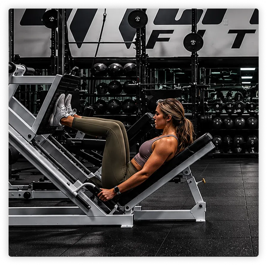 Woman exercising leg press on gym machine wearing athletic clothes with weights in background.