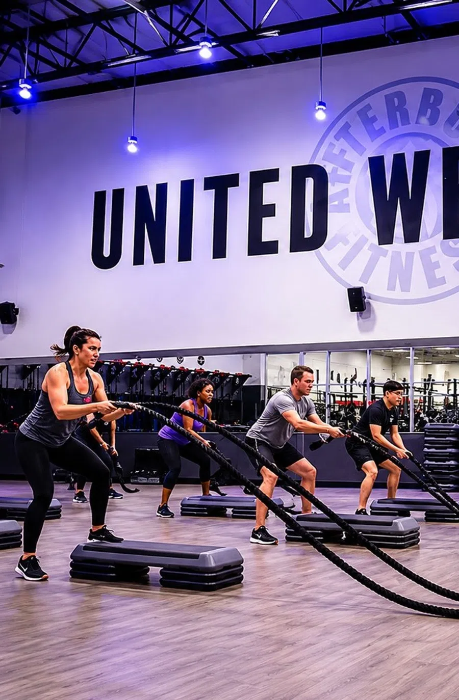 Group fitness class using battle ropes with instructor in a gym under united we sweat sign